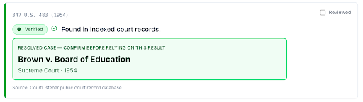 GhostCite result preview: Brown v. Board of Education, 347 U.S. 483 (1954), verified in indexed court records.