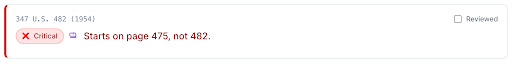 GhostCite result preview: Brown v. Board of Education, 347 U.S. 482 (1954), flagged — wrong page for this case.
